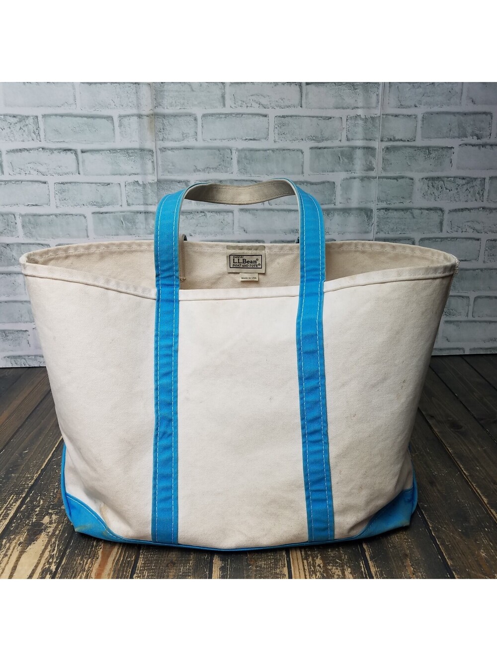 Vintage LL BEAN MAINE Large Canvas Boat & Tote Bag Turquoise Handles 17" x 13"